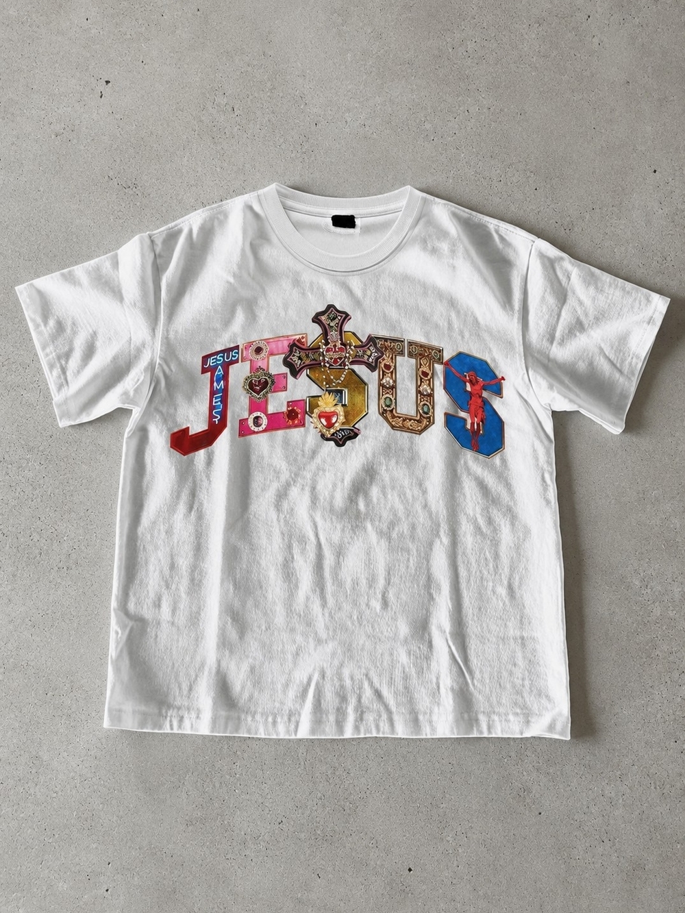 Graphic White Jesus T-Shirt with Multicolor lettering